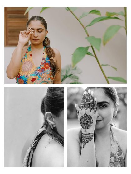 A collage of moments from a Mehendi ceremony in Kenya. The bride's colorful dress, intricate henna, and the natural, unposed shots capture the relaxed and beautiful vibe of the day.