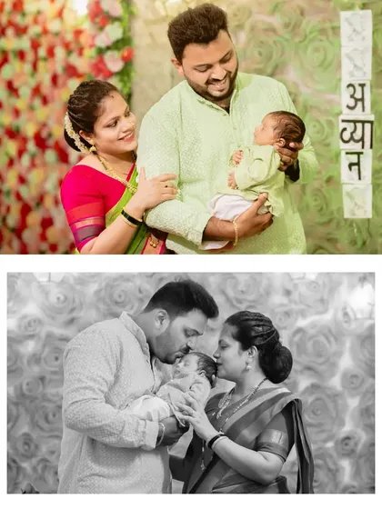 A beautiful family portrait from a traditional naming ceremony, shown in both color and black and white. The baby's name is elegantly displayed in Marathi.