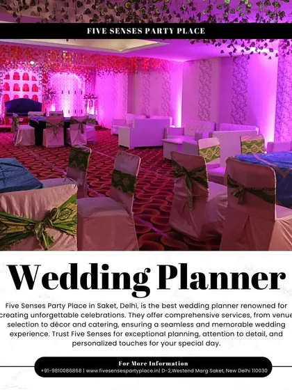 We are a premier wedding planner in Saket, known for transforming venues into breathtaking spaces. This image shows one of our indoor hall setups, featuring elegant lounge-style seating and dramatic pink lighting that creates a sophisticated and modern ambiance for any wedding function.
