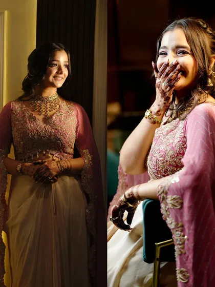 A diptych showing two sides of the bride's personality at her Roka: a poised, smiling portrait and a candid shot of her laughing.