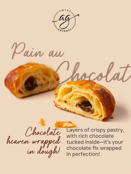 This is for the chocolate lovers. My Pain au Chocolat features layers of crispy pastry with rich, dark chocolate tucked inside. It's your chocolate fix wrapped in perfection.