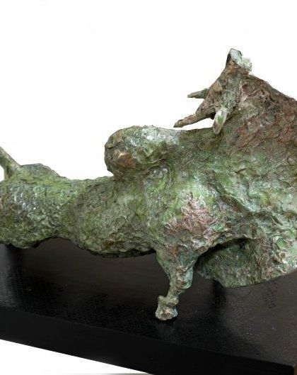 This bronze sculpture by P. Elanchezhiyan is a fantastic study of a bull in motion. The artist has masterfully captured the animal's muscular form and powerful forward momentum, making it a perfect 3D addition to the Bull Series.