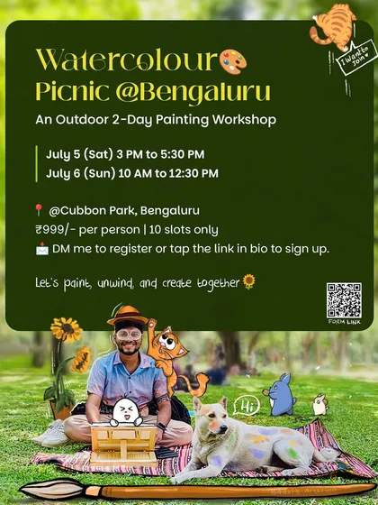 All the details for my next Watercolour Picnic in one place. This is an outdoor, two-day painting workshop in Bengaluru with very limited spots to keep the group cozy. If this feels right, I'd love for you to join us.