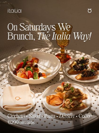 On Saturdays, we brunch the Italia way. This poster highlights our special Italian brunch featuring cicchetti, salad, pasta, dessert, and coffee.