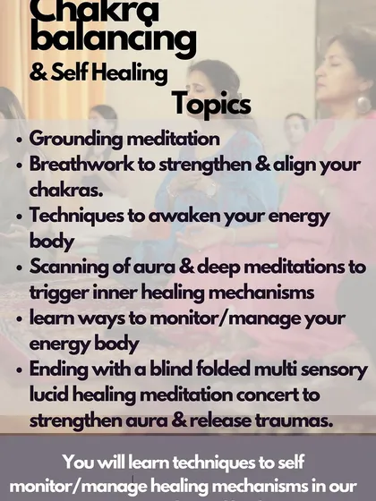 Here are the specific topics covered in the full-day Chakra Balancing workshop. We explore everything from grounding meditation to aura scanning and a unique blindfolded multi-sensory healing concert.
