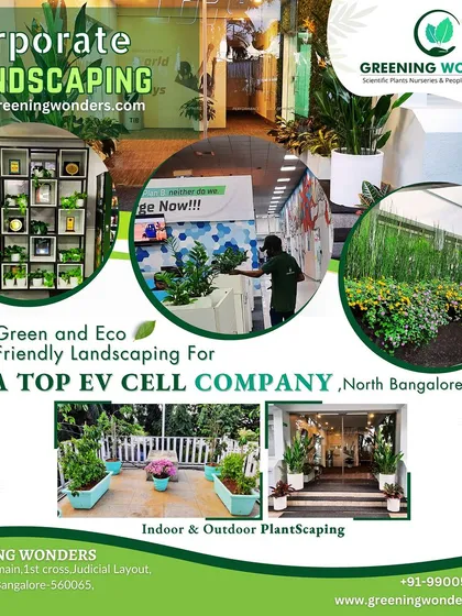 We provide comprehensive corporate landscaping solutions for both indoor and outdoor spaces. This collage showcases our work for a leading EV cell company in North Bangalore, where we designed green reception areas, office plantscapes, and welcoming outdoor patios to enhance the work environment.