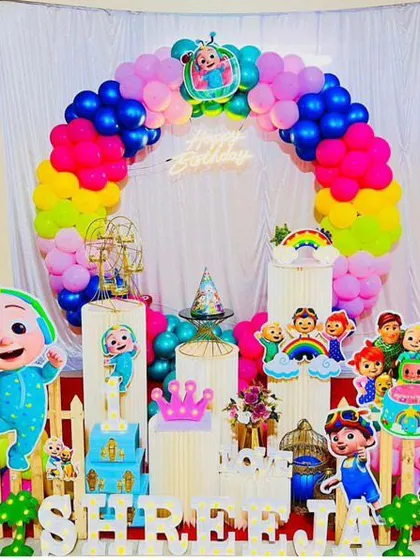 A fun and colorful Cocomelon themed birthday party. This popular kids' party theme includes a vibrant balloon arch, character cutouts, a custom backdrop, and themed props to delight the little ones.