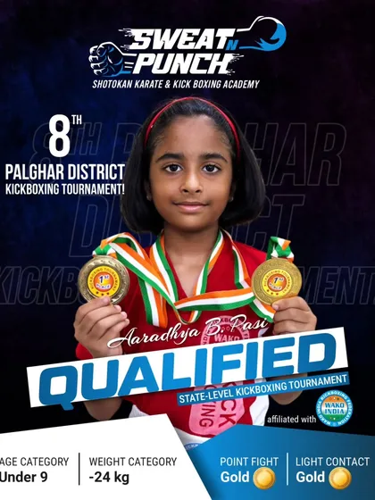 Age is just a number when you have a champion's heart. Meet Aaradhya, one of our youngest warriors from the Under 9 category, who brought home two gold medals. We offer specialized kids kickboxing classes to build confidence and discipline from a young age.