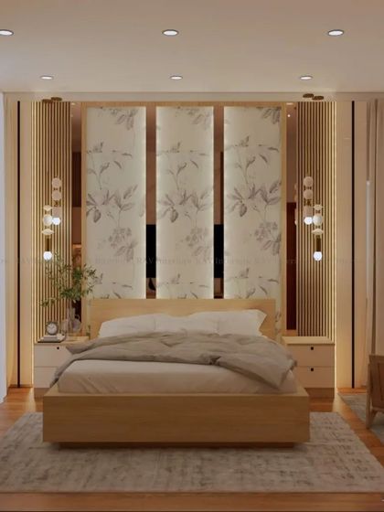 A minimalist bedroom with a wooden bed and a floral-paneled accent wall, creating a serene and natural vibe.