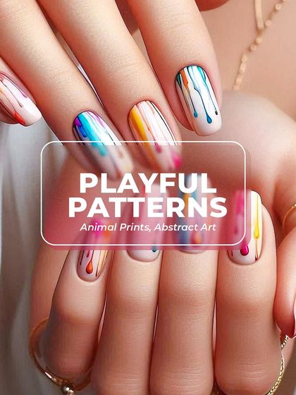 Unleash your creativity with abstract art. This image showcases a colorful paint-drip effect, one of the many playful and modern patterns you will learn to create in our nail art course.
