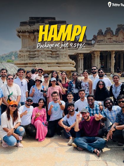 Hampi, with packages starting at just 4,599. This picture of our group at the Vijaya Vittala Temple shows that you can explore a UNESCO World Heritage site without breaking the bank. History, fun, and friends, all in one.