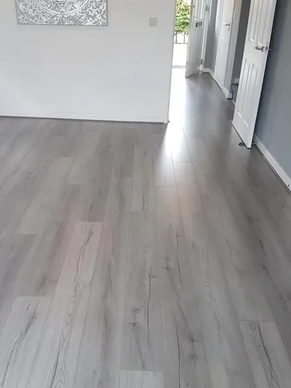 For a clean, contemporary look, I often recommend this style of light grey wood-look flooring. It provides a neutral and bright foundation that works with any decor, making this hallway feel open and modern. This is a great dust-free flooring solution for busy households.