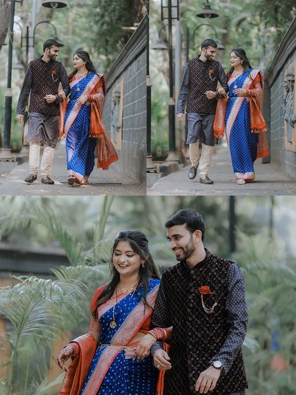 A collage showing a couple in beautiful traditional attire walking together after their engagement ceremony, capturing their shared happiness.