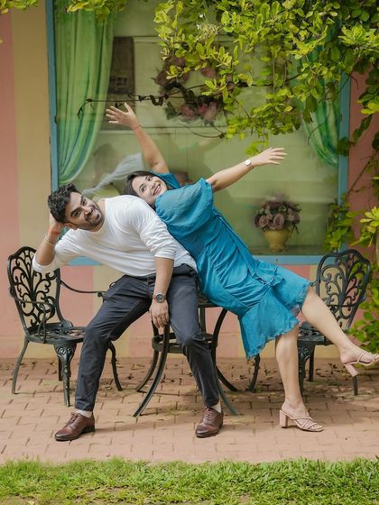 A duplicate of a hilarious and acrobatic pose, capturing the couple's playful spirit.