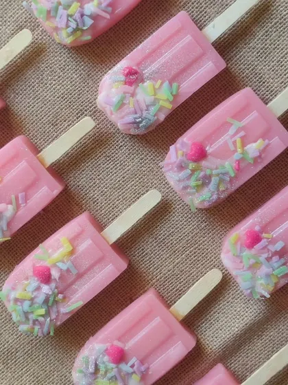A closer look at the detailed popsicle soaps, a fun treat for bath time.