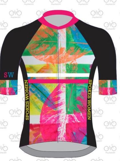 The black variant of our 2023 Summer jersey, showing the front view. This custom sportswear piece combines a colorful, artistic front with practical, dark-colored sleeves.