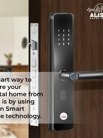 A close up of our digital smart lock installed on a wooden door. The combination of the secure multi point locking mechanism and the smart access panel provides robust protection against theft for any home.