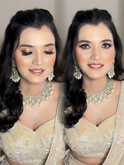 A close-up of this stunning engagement look. I created a soft, shimmery eye with a winged liner and a peachy-nude lip, a classic combination that always looks beautiful.