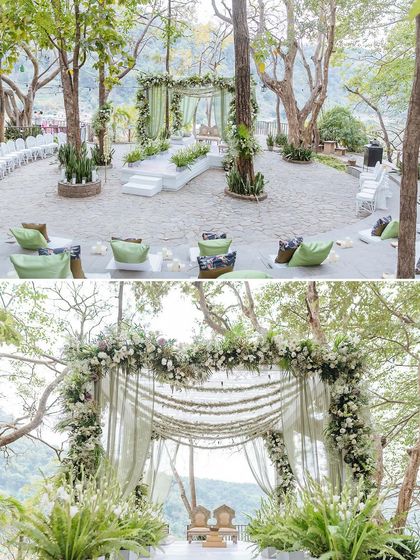 The breathtaking amphitheater-style wedding setup at The Den, Corbett, where the ceremony takes place surrounded by the natural beauty of the forest.