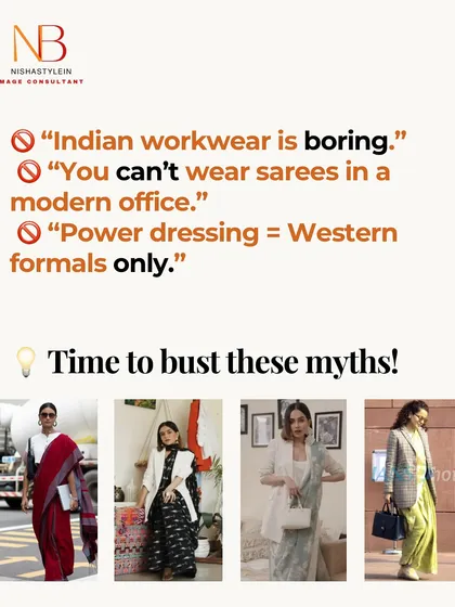 Let's bust some myths! "Indian workwear is boring" or "Power dressing is only for Western formals." This carousel shows how you can look powerful and chic in sarees and kurtas.