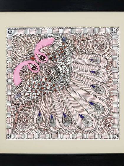 Two peacocks forming a heart shape in this lovely Madhubani artwork, a beautiful representation of love and union in folk art.