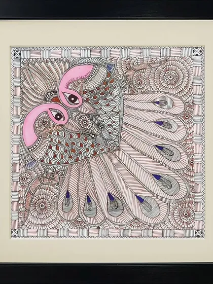Two peacocks, their bodies forming a heart shape, are the centerpiece of this intricate Madhubani artwork by Pramod. The detailed patterns and loving composition make it a truly special piece.