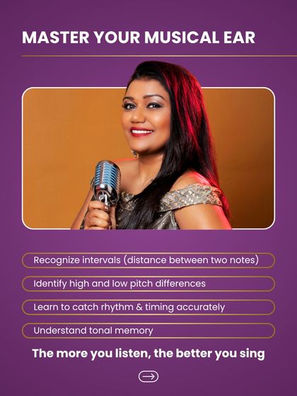 This graphic provides more advanced ear training exercises, such as recognizing intervals, identifying pitch differences, and catching rhythm accurately. The more you listen, the better you sing.