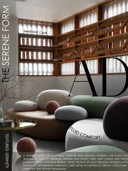 Our design for this lounge area embodies fluid comfort and serene form. The pebble-like seating and earthy tones create a tranquil, natural retreat, demonstrating our focus on biophilic design that feels both sculptural and deeply calming.