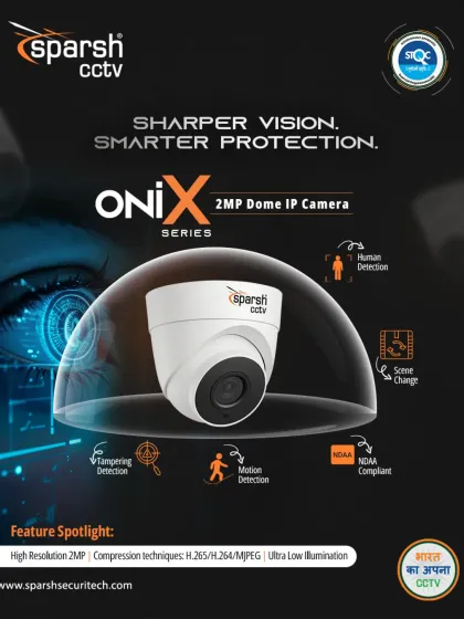 This is our ONiX Series 2MP Dome IP Camera, a complete solution for homes, offices, and industries. It is STQC certified and features smart detection capabilities like human detection and motion detection.