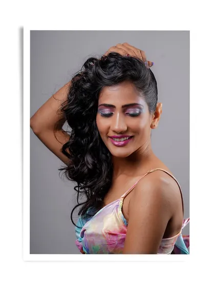 A beautiful creative makeup look by our student Karishma, featuring iridescent eyeshadow and a soft, glamorous feel.