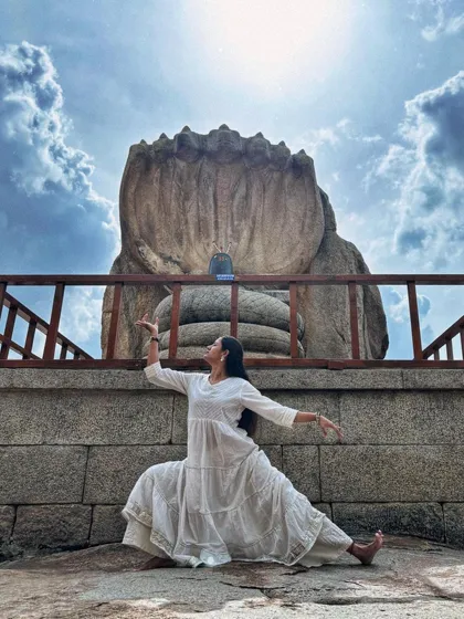 My practice is deeply connected to my spiritual roots. Here at the historic Lepakshi temple, I feel the powerful link between yoga, dance, and ancient traditions, an energy I bring into my teaching.