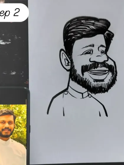 Step 2: The refined line art. After the initial sketch, I create the final black and white drawing, focusing on clean lines and expressive features.