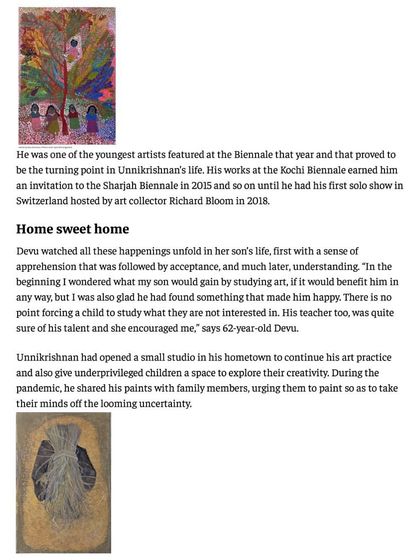 The continuation of The Hindu's feature, discussing Unnikrishnan's breakout moment at the Kochi-Muziris Biennale and his subsequent success.