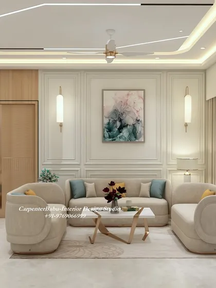 This living room design uses classic wall paneling and soft, curved furniture to create a comfortable and sophisticated space. The abstract wall art adds a pop of color and personality.