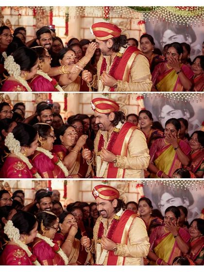 A collage of the groom's rituals, surrounded by the happy and supportive women of the family.