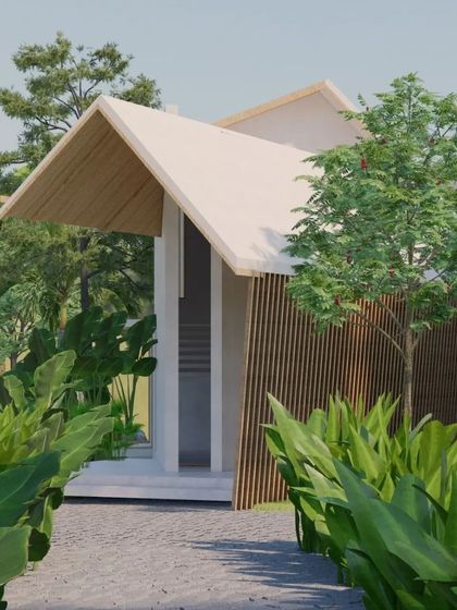 The proposed entrance for the Cumin Residence, surrounded by lush tropical planting. The design uses simple, clean lines and natural materials like wood slats to create a welcoming and modern structure that respects its Goan setting.