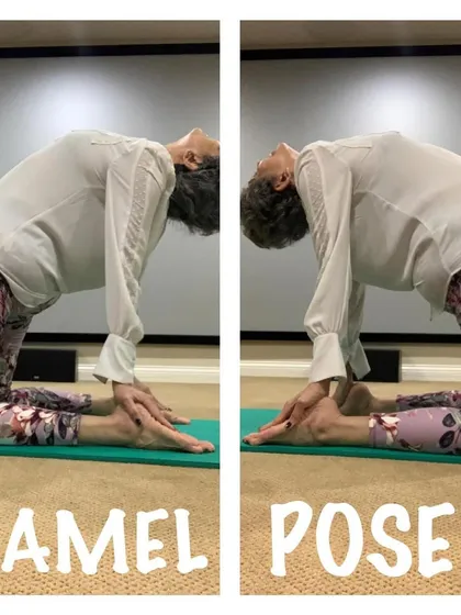 Another look at Camel Pose, showing how to keep the hips forward to protect the lower back.