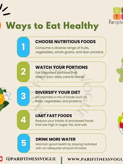 Here are five simple ways to eat healthy every day. I advise choosing nutritious foods, watching your portions, diversifying your diet, limiting fast foods, and drinking more water to maintain good health.