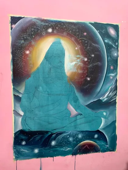 Here, the background is complete, and I have blocked in the base color for Shiva's body. The form is starting to emerge from the canvas.