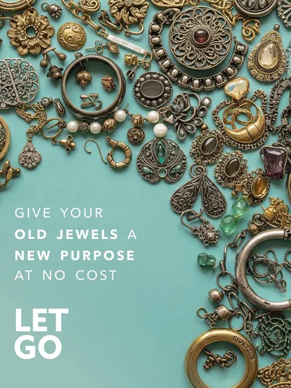 This is our invitation to you to give your old jewels a new purpose at no cost. This graphic, featuring a beautiful assortment of vintage-style costume jewelry on a teal background, encapsulates the core message of our 'Let Go' recycling initiative.