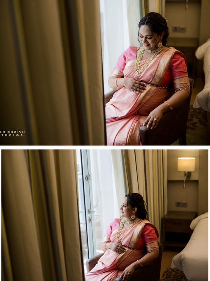 A set of two portraits showing the expectant mother seated by a window. These quiet, reflective shots capture the peaceful moments of pregnancy.