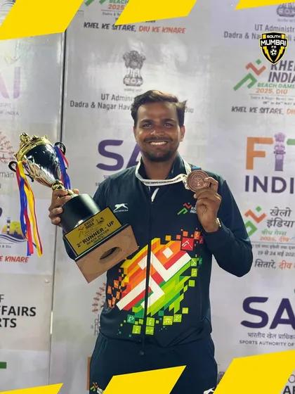 Head Coach Suraj Jaiswal with the Maharashtra Beach Soccer Team, celebrating their 2nd Runner-Up finish at the National Championship.