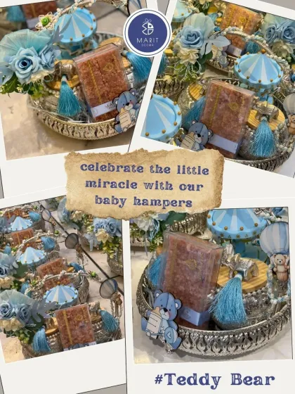 Celebrate a new miracle with my adorable baby announcement hampers. This teddy bear themed collection in soft blues and silvers is perfect for sharing your joy. I can customize these hampers for baby showers and birth announcements.