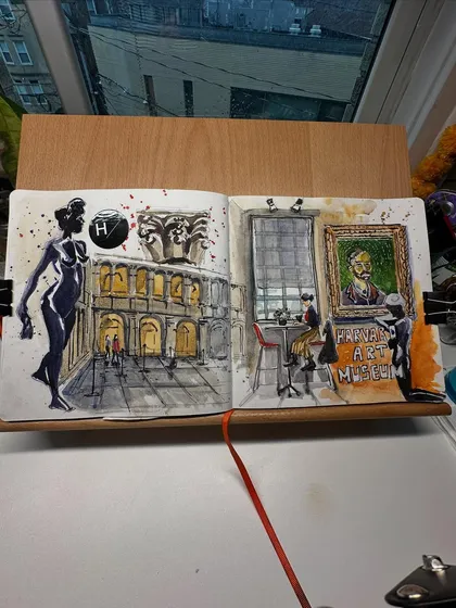 A sketchbook spread from a visit to the Harvard Art Museums. I created a collage of different elements, from the architecture to the sculptures, to capture the essence of the museum.