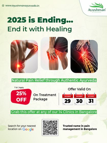 We frequently offer treatment packages focused on pain management. This graphic shows a past year-end offer for relief from knee, back, and shoulder pain, demonstrating our commitment to making Ayurvedic pain relief accessible.