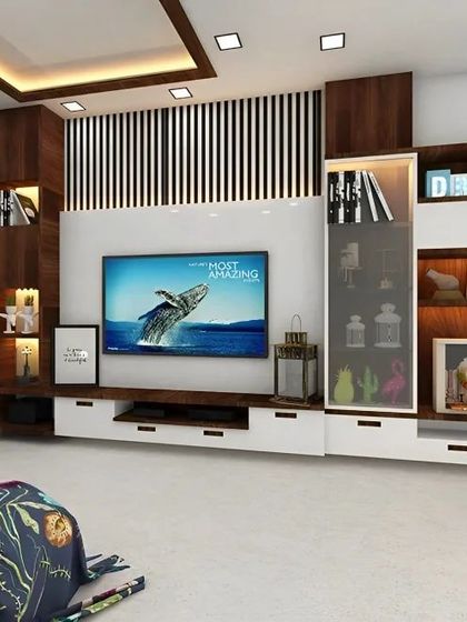 A comprehensive TV unit with a mix of open and closed storage, including a glass-front cabinet for display items. The design incorporates vertical slats and accent lighting for a dynamic look.