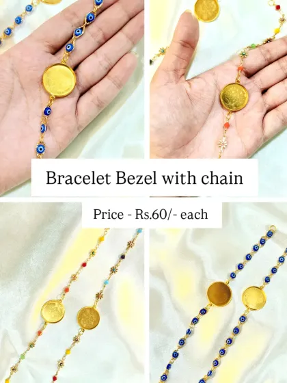 This bracelet features a bezel attached to a colorful beaded chain. We offer these in various color combinations, like this evil-eye themed blue bead chain, making them a fun and trendy option.