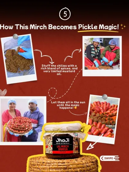 This is how the magic happens. We stuff the chillies with a rich blend of spices and limited mustard oil, then let them sit in the sun until the flavours meld together perfectly.