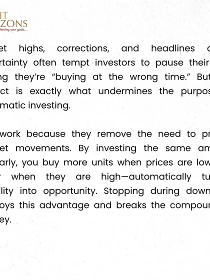 This excerpt from our bulletin addresses the temptation to pause SIPs during market uncertainty. We explain that SIPs are designed to turn volatility into opportunity by averaging costs, an advantage that is lost when you stop investing.