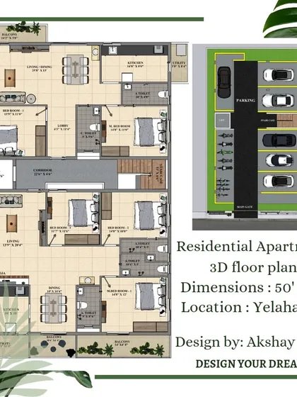 A detailed 3D floor plan for a 50 by 80 feet residential apartment. This is a key tool in my design process, helping you understand the spatial arrangement, room dimensions, and flow before finalizing the design.